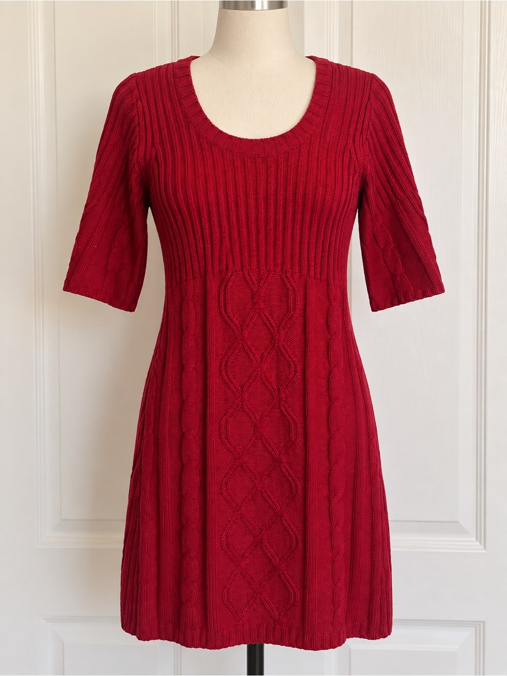Red Cable-Knit Scoop Neck Dress